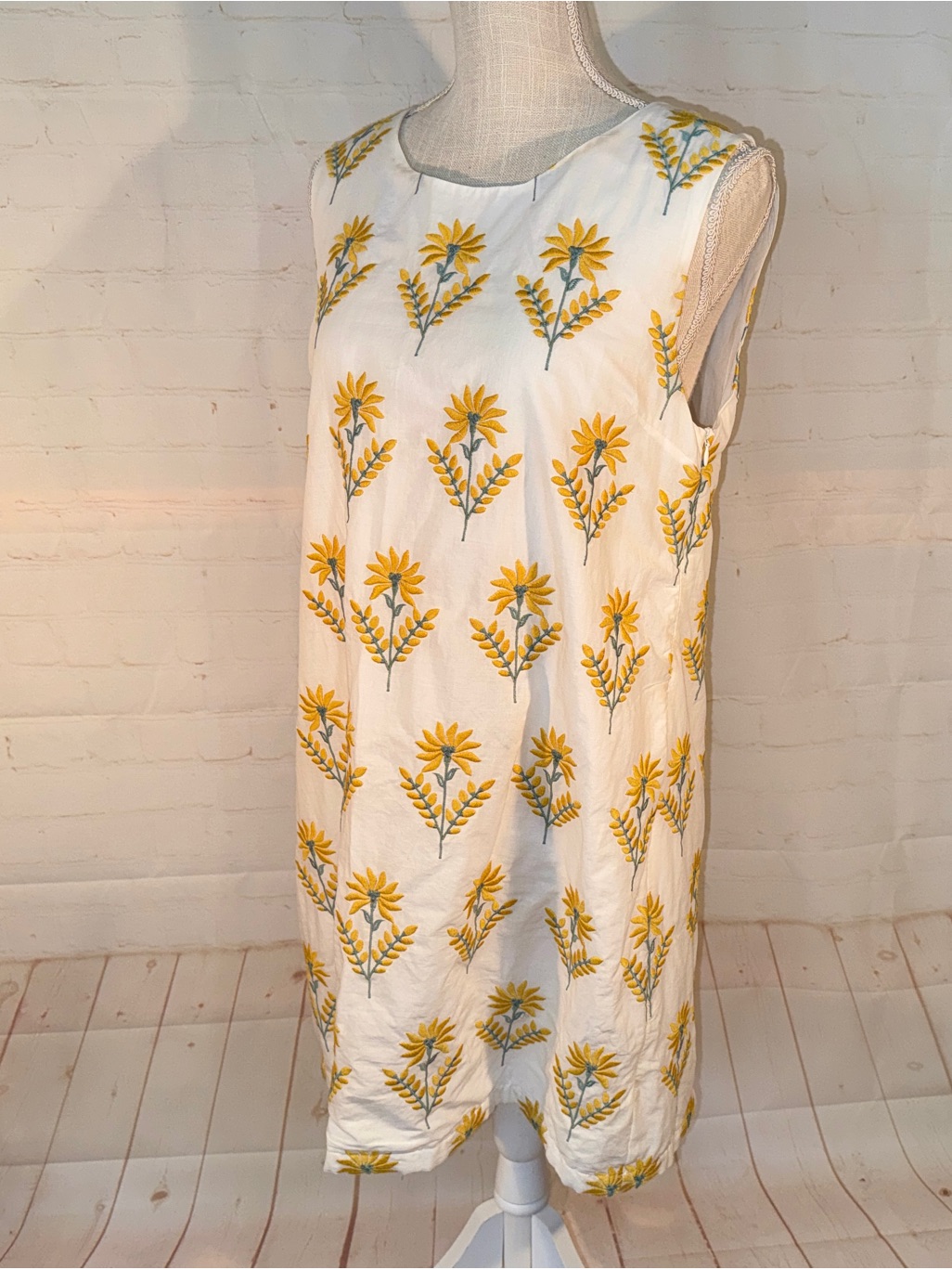 Kiel James Patrick Yellow Flower Shift Dress Cotton Floral Sleeveless L 10 12 — image 2 of 8